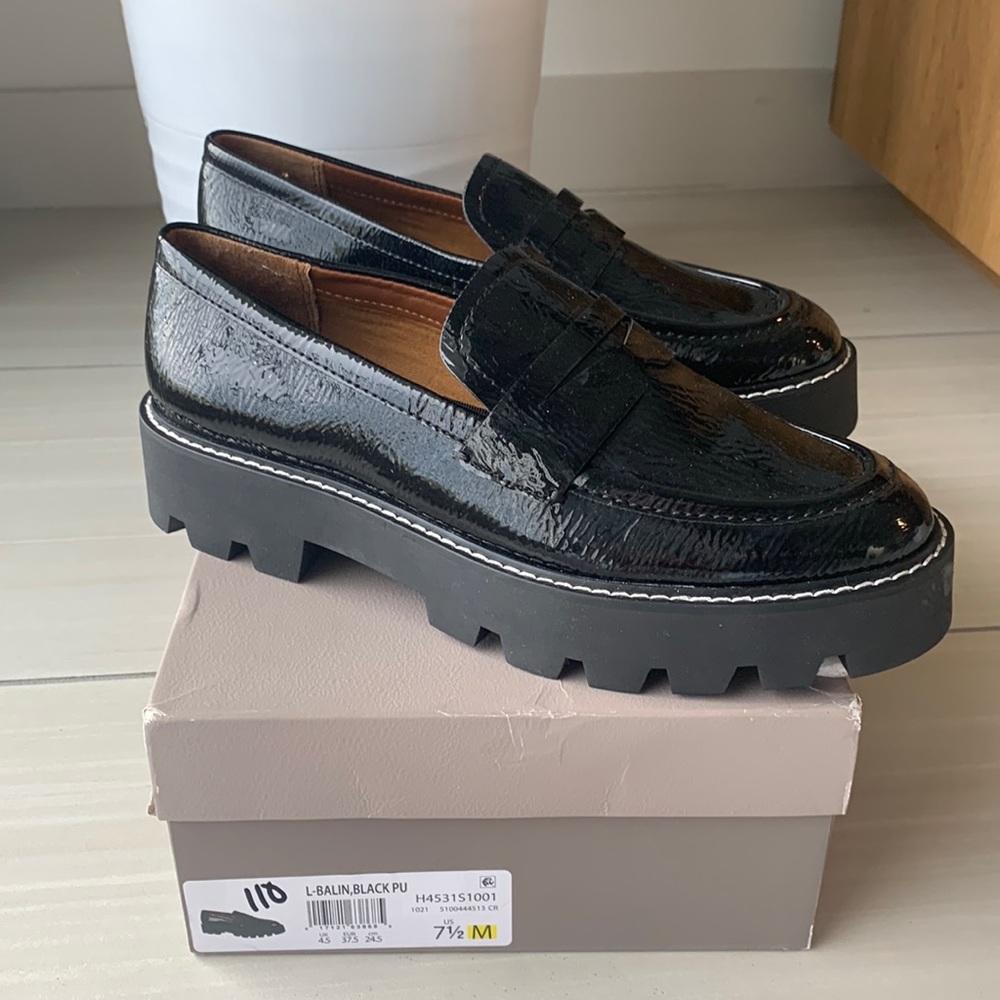 Franco Sarto, black patent leather, chunky loafers, size 7.5M